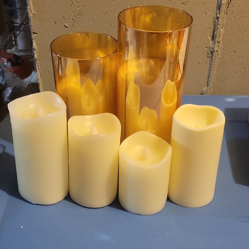 Amber Glass Candle Holders with Cream LED Candles And Beige Plastic Battery Oper